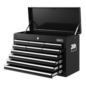 Giantz Black Steel 10 Drawer Tool Box Cabinet with Ball Bearing Slides and Lock - 75kg Capacity, Non-Slip Liners