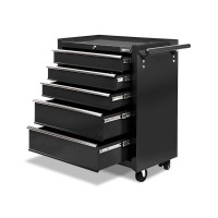 Giantz 5 Drawer Steel Tool Box Cabinet Trolley with Lockable Wheels, Ball-Bearing Slides, and Non-Slip Liners, Black