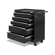 Giantz 5 Drawer Steel Tool Box Cabinet Trolley with Lockable Wheels, Ball-Bearing Slides, and Non-Slip Liners, Black