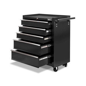 Giantz 5 Drawer Steel Tool Box Cabinet Trolley with Lockable Wheels, Ball-Bearing Slides, and Non-Slip Liners, Black