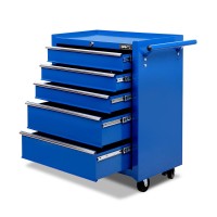 Giantz 5 Drawer Steel Tool Box Trolley - Blue, 75kg Capacity, Lockable, Non-Slip Liners, 360° Castor Wheels, 61