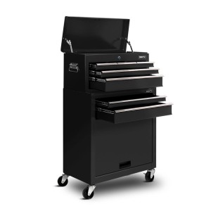 Giantz 7 Drawer Steel Tool Box Cabinet Trolley - Black, Lockable, Ball Bearing Slides, 360° Castors, 62x33x98cm