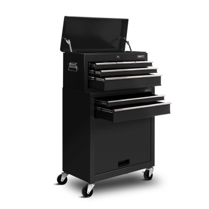 Giantz 7 Drawer Steel Tool Box Cabinet Trolley - Black, Lockable, Ball Bearing Slides, 360° Castors, 62x33x98cm