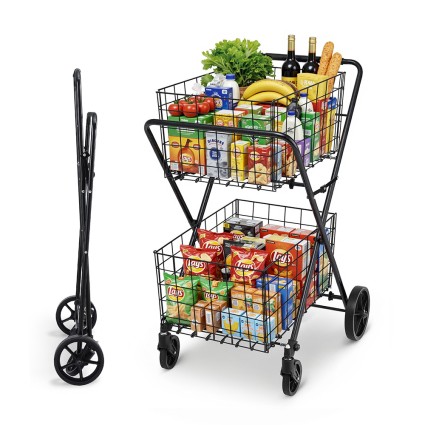Emajin Foldable Shopping Trolley Cart - Durable Metal Frame, 360° Swivel Wheels, 75x95x62.5cm, Black, Easy Assembly