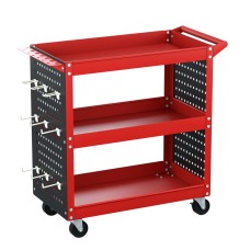 Giantz 3-Tier Steel Tool Cart with Pegboard, Hooks, Screwdriver Bay, 150kg Capacity, Red, 79x35.5x77cm,