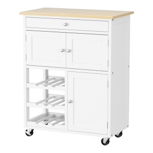 Artiss Kitchen Island Trolley Rolling Cart, MDF, White & Oak, 67x38x86.5cm, Storage Drawer, Cupboard, Lockable Wheels