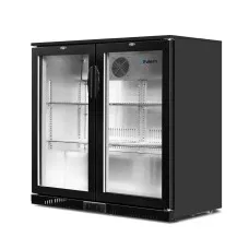 Devanti 198L Dual Glass Door Bar Fridge Black with LED Temp Display Adjustable 2–10°C Fan Cooling R600a