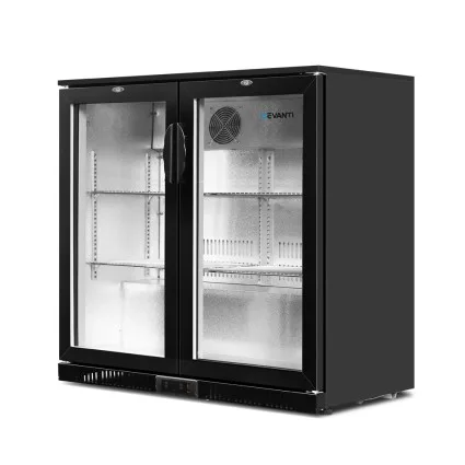 Devanti 198L Dual Glass Door Bar Fridge Black with LED Temp Display Adjustable 2–10°C Fan Cooling R600a