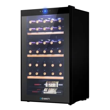Devanti Wine Fridge Cooler, Black, 34 Bottles, 80L, Compression Cooling, UV-Resistant Glass, Touch Control