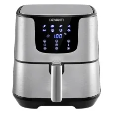 Devanti 7L Air Fryer with LCD Touch Control, Stainless Steel, 1700W Powerful 8-in-1 Cooking, Dishwasher Safe