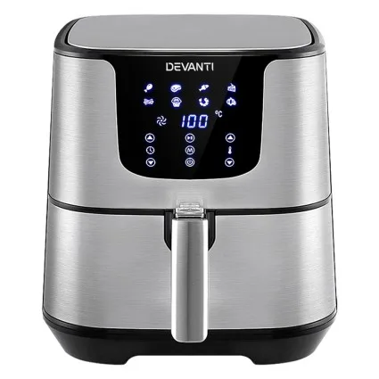 Devanti 7L Air Fryer with LCD Touch Control, Stainless Steel, 1700W Powerful 8-in-1 Cooking, Dishwasher Safe