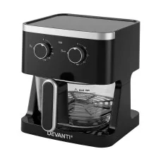 Devanti 4.5L Glass Air Fryer 1350W Dual Knob Controls 80-200°C 60-Minute Timer Black