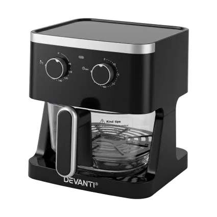Devanti 4.5L Glass Air Fryer 1350W Dual Knob Controls 80-200°C 60-Minute Timer Black