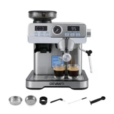 Devanti Silver Espresso Latte Maker: 20-Bar Pressure, Grinder, Milk Frother, 2L Tank, Compact Design, Mug Warmer