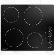 Devanti Electric Ceramic Cooktop, 60cm, Black Glass, 6000W, 4 Cooking Zones, LED Display, Overheat Protection