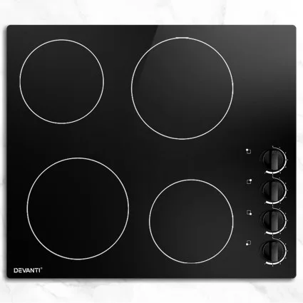 Devanti Electric Ceramic Cooktop, 60cm, Black Glass, 6000W, 4 Cooking Zones, LED Display, Overheat Protection