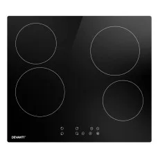 Devanti 60cm Electric Ceramic Cooktop, Touch Control, 4 Cooking Zones, 9 Power Levels, Safety Features, Black Glass