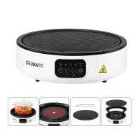Devanti 2000W Round Ceramic Cooktop Electric Hot Plate with Detachable Grill Plate White 220 mm Glass