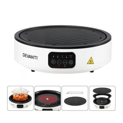Devanti 2000W Round Ceramic Cooktop Electric Hot Plate with Detachable Grill Plate White 220 mm Glass