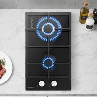Devanti 30cm 2 Burner Gas Cooktop Built-in Glass Stove NG/LPG, Wok Burner, Flame Failure Device, Cast Iron Trivets