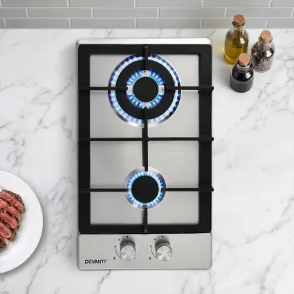 Devanti 30cm 2 Burner Gas Cooktop Stainless Steel Built in Wok Burner Flame Failure Safety Device 4.3kW