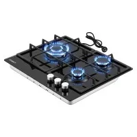 Devanti 60cm 3 Burner Gas Cook-top LPG Natural Gas Electric Ignition Glass Hob Cast Iron Pan Supports Black
