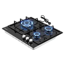 Devanti 60cm 3 Burner Gas Cook-top LPG Natural Gas Electric Ignition Glass Hob Cast Iron Pan Supports Black