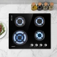 Devanti 60cm Gas Cooktop 4 Burner Black Tempered Glass Surface with Cast Iron Grates, LPG Conversion Kit Included