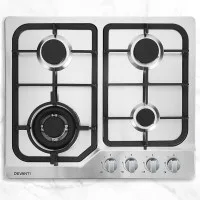 Devanti 60cm Gas Cooktop 4 Burner Stainless Steel, Cast Iron Grates, Wok Burner, Safety Lock, LPG Compatible