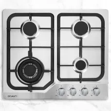 Devanti 60cm Gas Cooktop 4 Burner Stainless Steel, Cast Iron Grates, Wok Burner, Safety Lock, LPG Compatible
