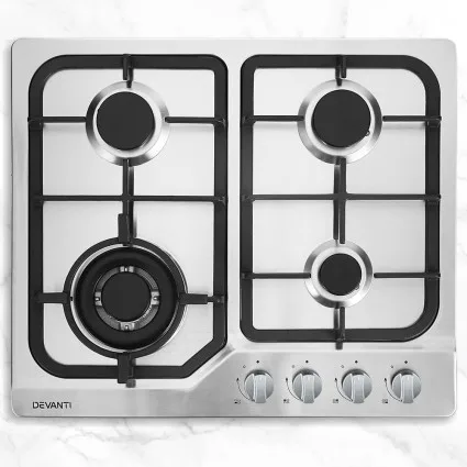 Devanti 60cm Gas Cooktop 4 Burner Stainless Steel, Cast Iron Grates, Wok Burner, Safety Lock, LPG Compatible