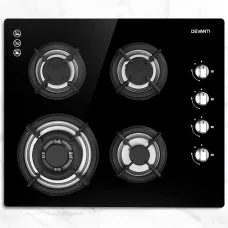 Devanti 60cm Black Tempered Glass Gas Cooktop Stove Hob with 4 Burners, Cast Iron Grates, LPG Conversion Kit Included