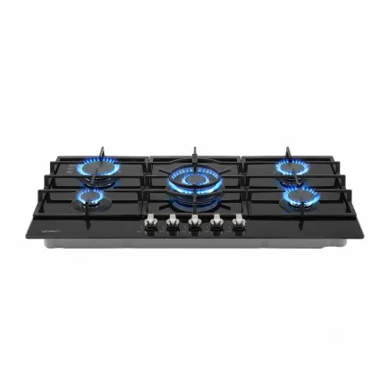 Devanti 90cm 5 Burner Gas Cooktop Tempered Glass Hob LPG NG 11.3kW Cast Iron Pan Supports Black 860x510mm