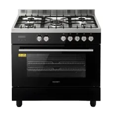 Devanti 90cm Dual Fuel Freestanding Cooker 121L Electric Oven 5 Burner Gas Cooktop Black Stainless Steel
