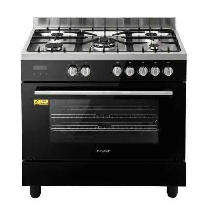Devanti 90cm Dual Fuel Freestanding Cooker 121L Electric Oven 5 Burner Gas Cooktop Black Stainless Steel
