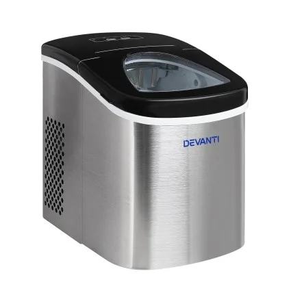 Devanti 2.4L Stainless Steel Portable Ice Cube Maker, 12kg/Day, 2 Sizes, Quiet, Freon-Free, Silver, Countertop