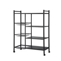 Artiss 4-Tier Kitchen Rack with 3 Mesh Baskets Lockable Wheels Reinforced Steel Dark Grey Storage Shelf