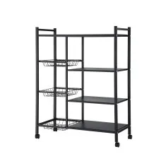 Artiss 4-Tier Kitchen Rack with 3 Mesh Baskets Lockable Wheels Reinforced Steel Dark Grey Storage Shelf