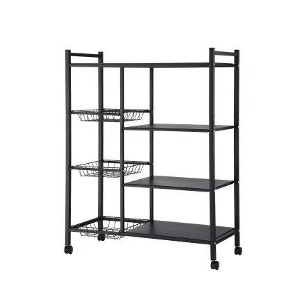 Artiss 4-Tier Kitchen Rack with 3 Mesh Baskets Lockable Wheels Reinforced Steel Dark Grey Storage Shelf