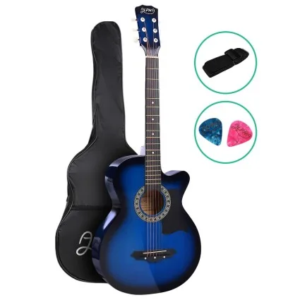 Alpha 38 Inch Acoustic Guitar, Laminated Linden, Full Size Cutaway, Blue, Steel Strings, with Bag and Accessories