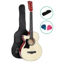 Alpha 38 Inch Acoustic Guitar, Laminated Linden, Left-Handed, Wood Finish, Steel Strings, Includes Bag & Accessories