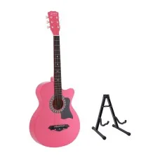 Alpha 38 Inch Acoustic Guitar Steel String Full Size Pink with Stand Carry Bag and Accessories