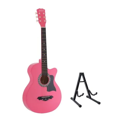 Alpha 38 Inch Acoustic Guitar Steel String Full Size Pink with Stand Carry Bag and Accessories