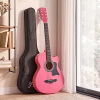 Alpha 38 Inch Acoustic Guitar Folk Cutaway Steel String Right Handed Pink With Carry Bag Gloss Finish