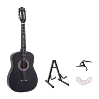 Alpha 38 Inch Classical Acoustic Guitar Combo with Nylon Strings and Stand, Capo, String Set Black