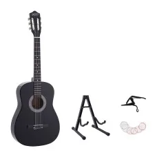 Alpha 38 Inch Classical Acoustic Guitar Combo with Nylon Strings and Stand, Capo, String Set Black