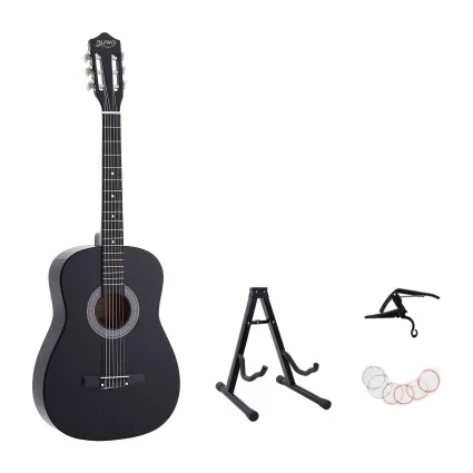 Alpha 38 Inch Classical Acoustic Guitar Combo with Nylon Strings and Stand, Capo, String Set Black