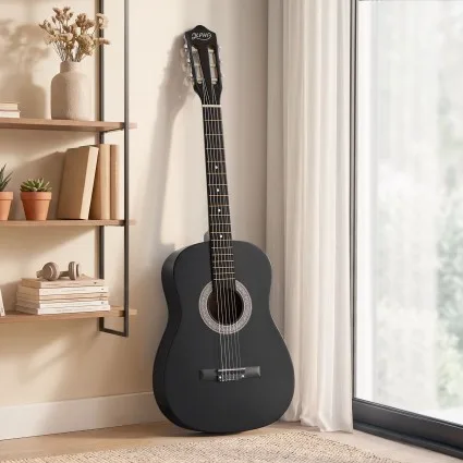 Alpha 38 Inch Full Size Classical Cutaway Nylon String Acoustic Guitar Black Gloss Basswood Construction