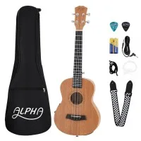 Alpha 26 Inch Tenor Ukulele Electric Acoustic with LCD EQ, Solid Mahogany Top, 18 Frets, Natural Matte Finish