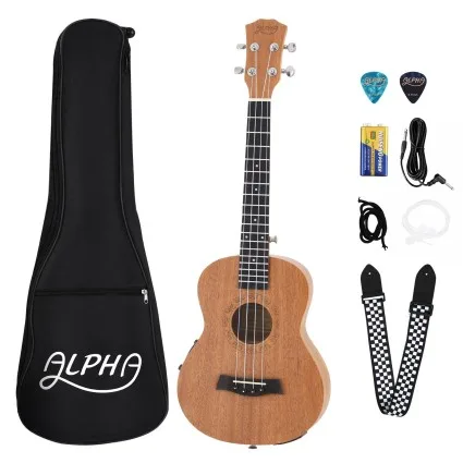 Alpha 26 Inch Tenor Ukulele Electric Acoustic with LCD EQ, Solid Mahogany Top, 18 Frets, Natural Matte Finish